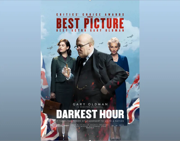 Poster advertising Darkest Hour film showing 3 main actors.