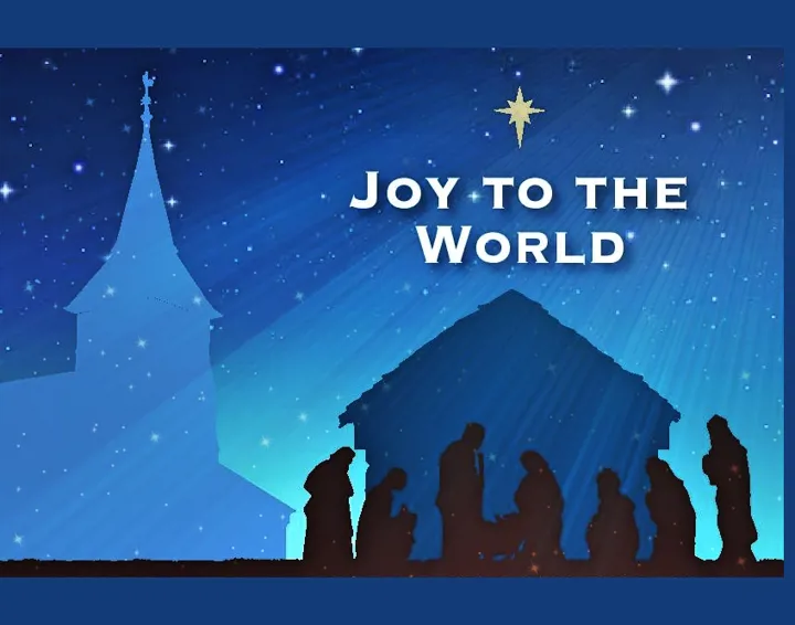 Outline of church tower and a stable with figures in silhouette in front and the words "Joy to the World"