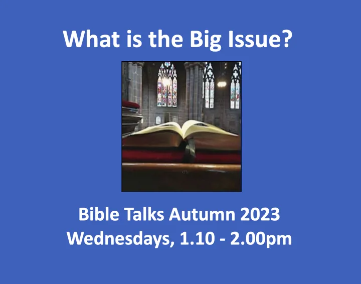 Image of an open bible with a stone wall and stained glass window behind it.